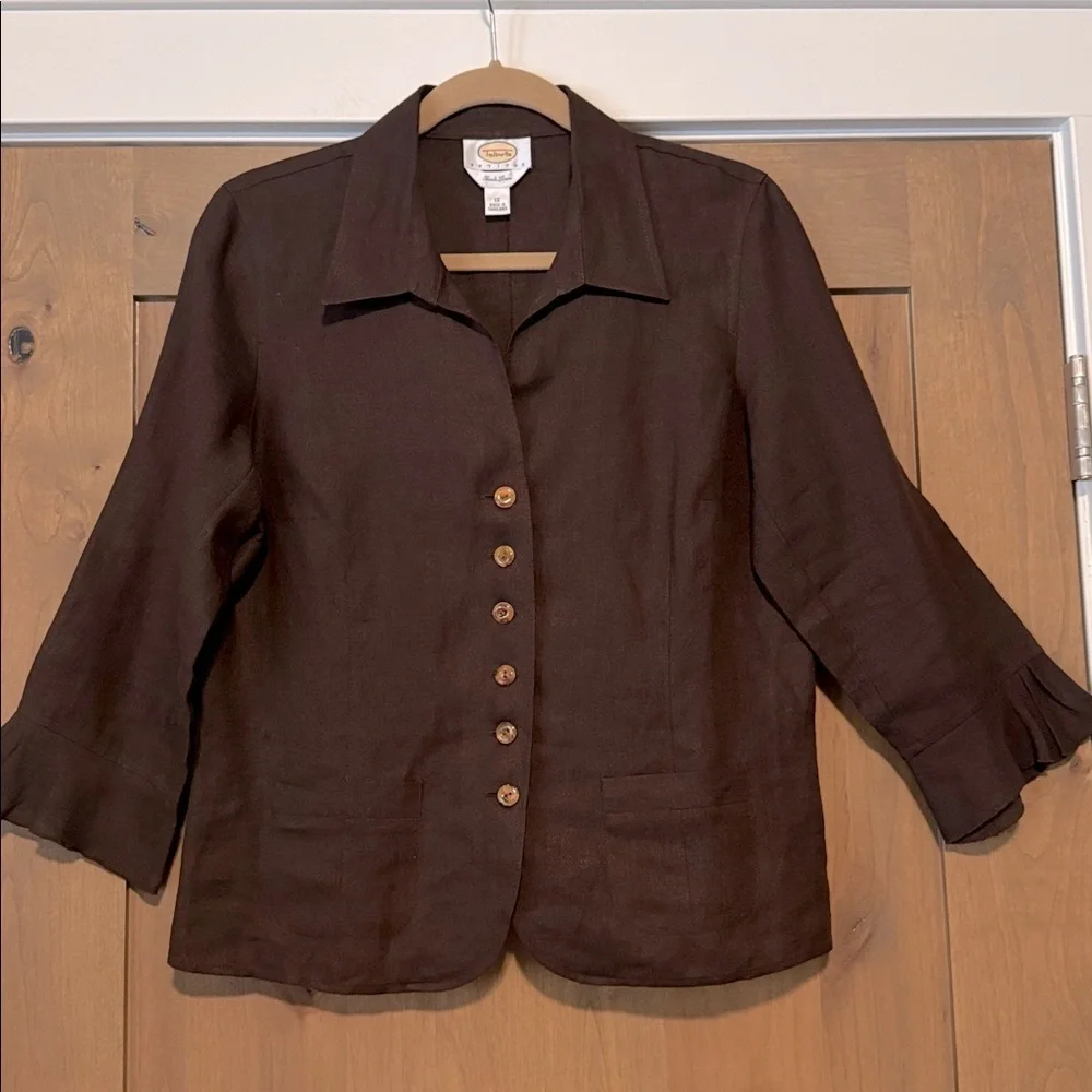 Talbot's Irish Linen Brown Blazer jacket Womens 12 button down pockets office